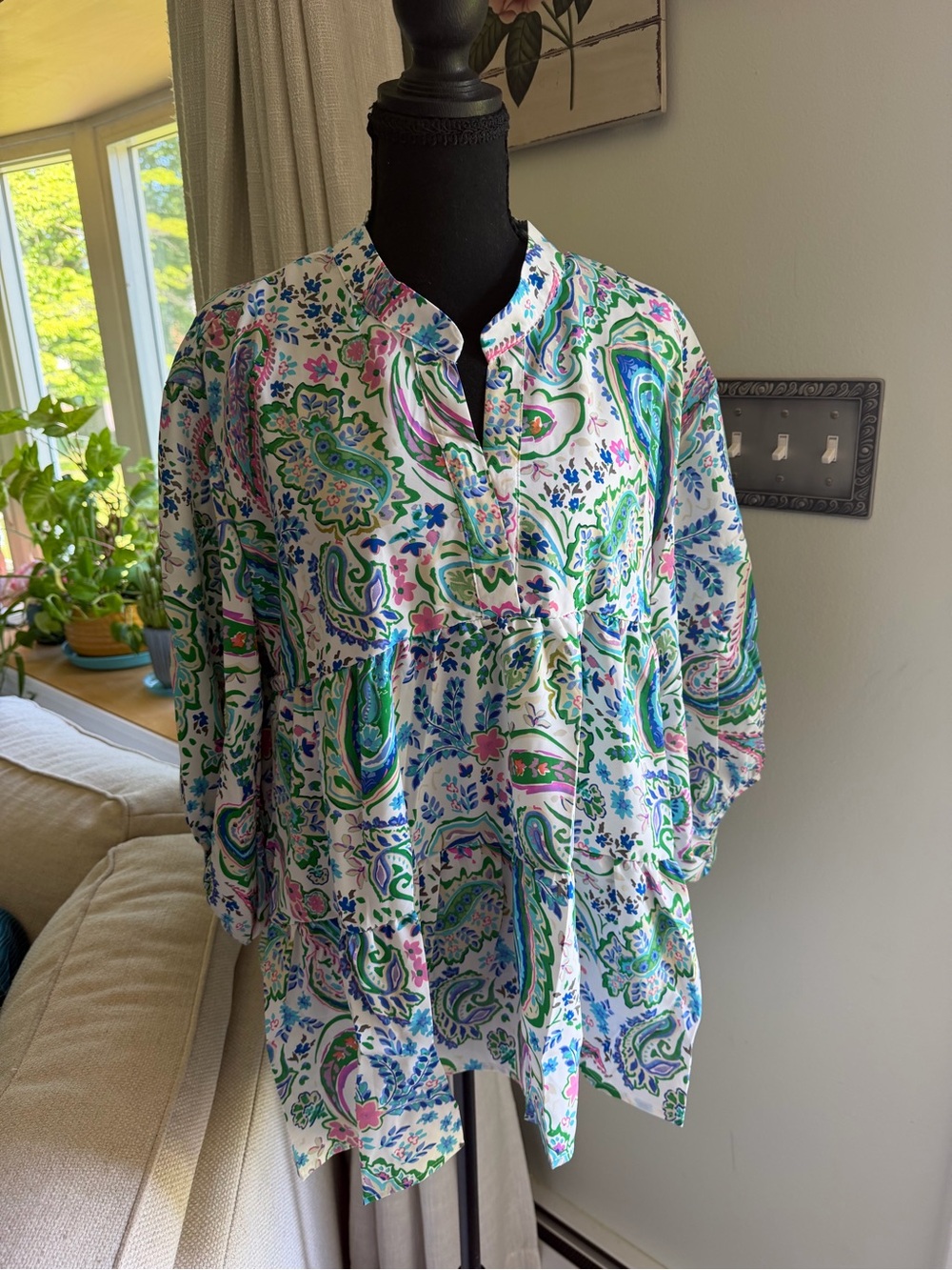 Umgee White Paisley Blouse with Green, Blue & Pink Accents
